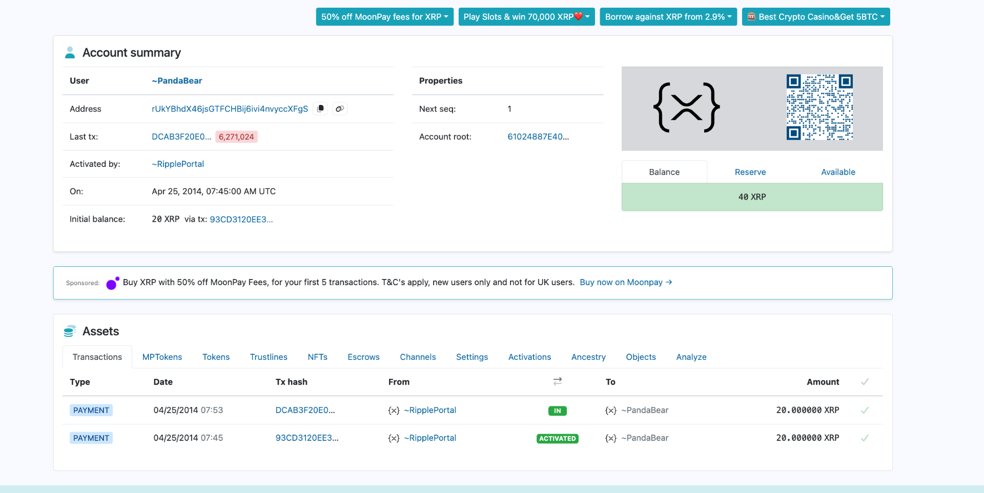 XRP Ledger account ~PandaBear activated April 25, 2014 with 20 XRP