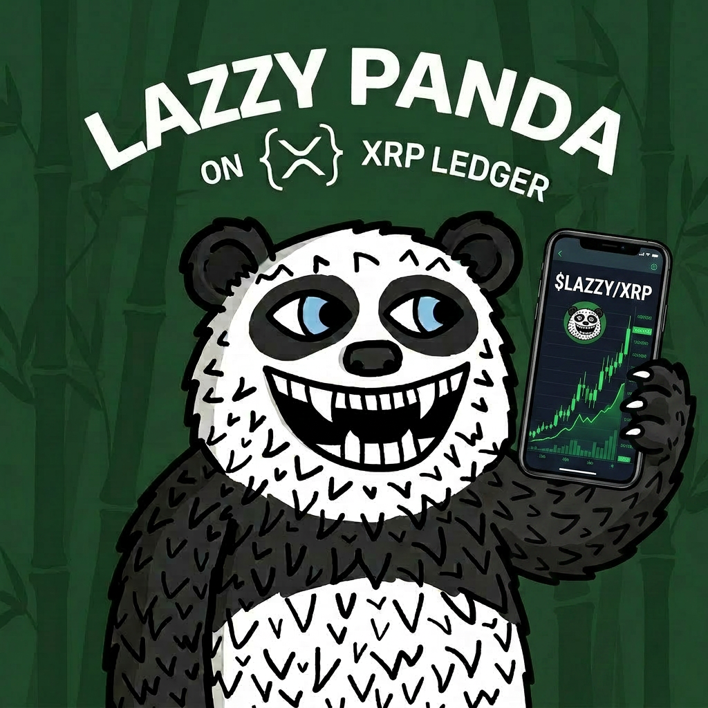Lazzy Panda holding a phone showing Buy $LAZZY